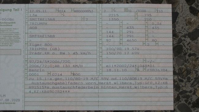 Zulassungsbescheinigung Teil I Tiger 800 (abweichend)