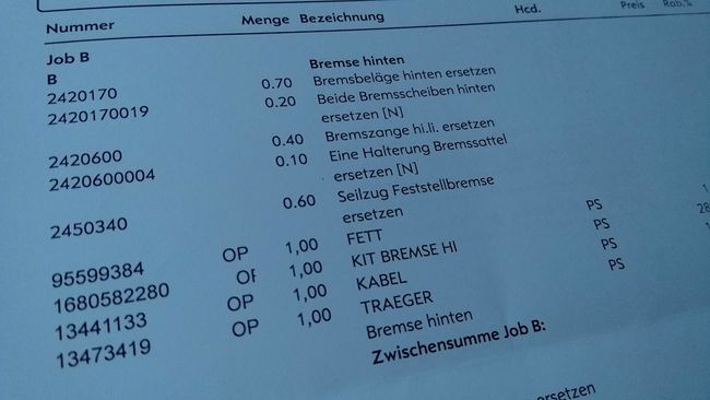 Ein Ausschnitt der Rechnung für die Reparaturen